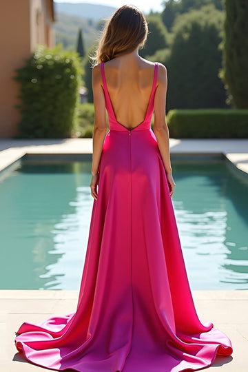 Fuchsia A Line Spaghetti Straps Satin Lång Balklänning med Slits